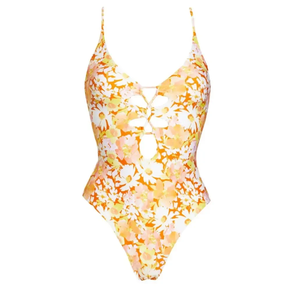 L SPACE Topanga Classic Floral One-Piece Swimsuit Brown Yellow